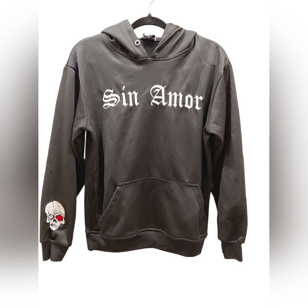 "Sin Amour Designs" Kids Sz L Black Hoodie with Skull Design 21in P2P, 24in long